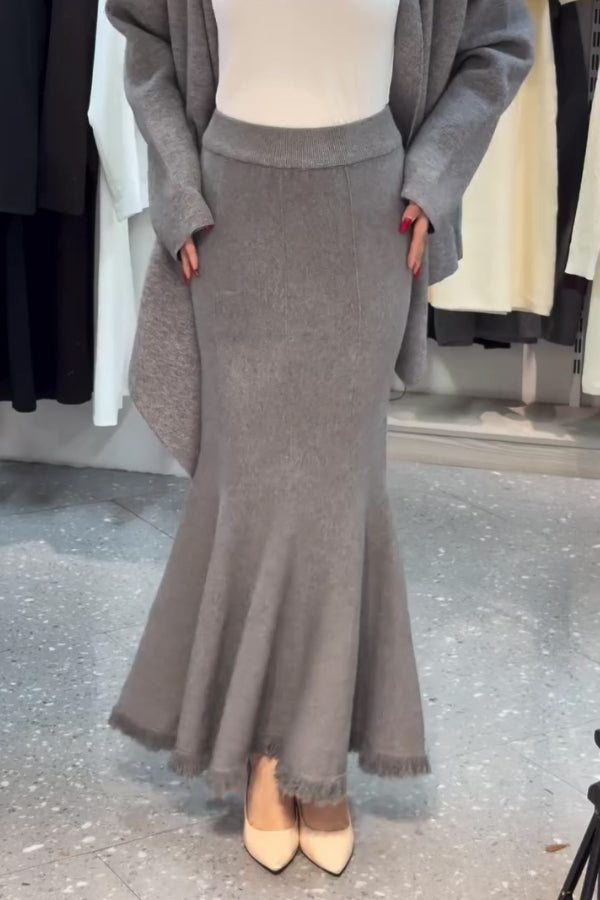 Women Casual Soft Knit Cardigan + Frayed Fishtail Skirt Suit