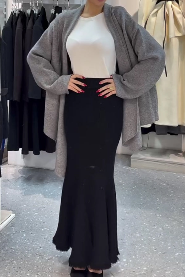 Women Casual Soft Knit Cardigan + Frayed Fishtail Skirt Suit