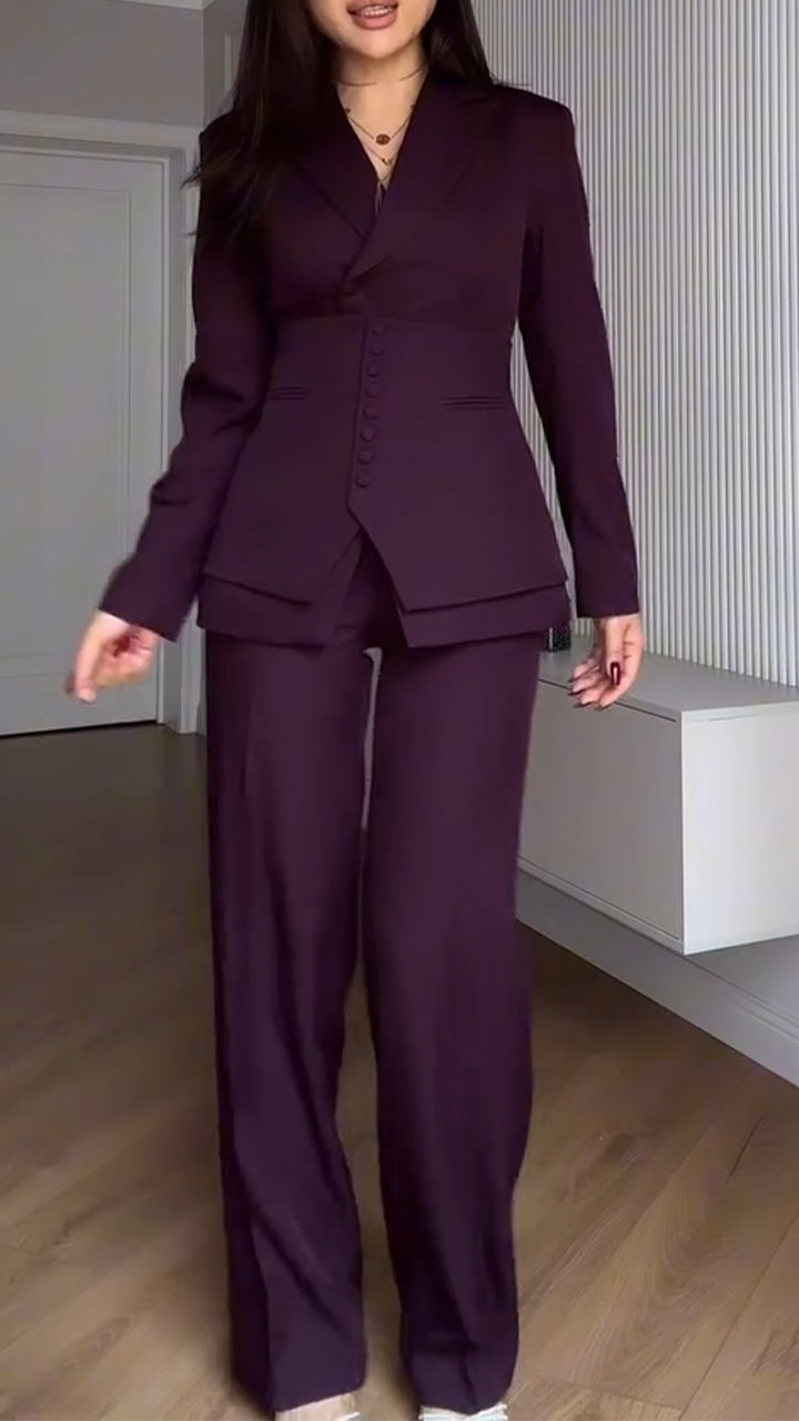 Women Collared Jacket and Belted Waist + Trousers Solid Color Temperament Commuter Suit