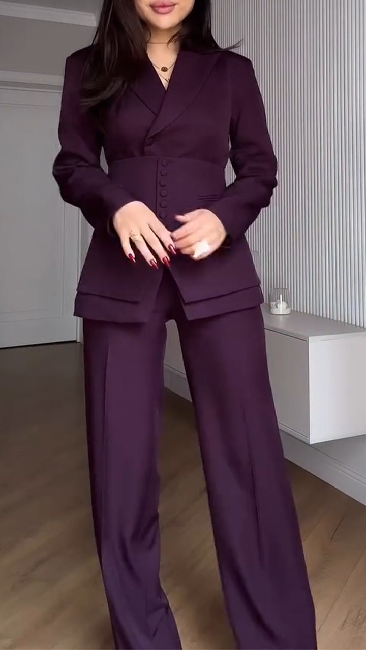 Women Collared Jacket and Belted Waist + Trousers Solid Color Temperament Commuter Suit