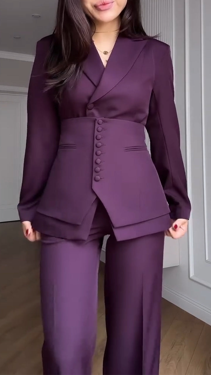 Women Collared Jacket and Belted Waist + Trousers Solid Color Temperament Commuter Suit