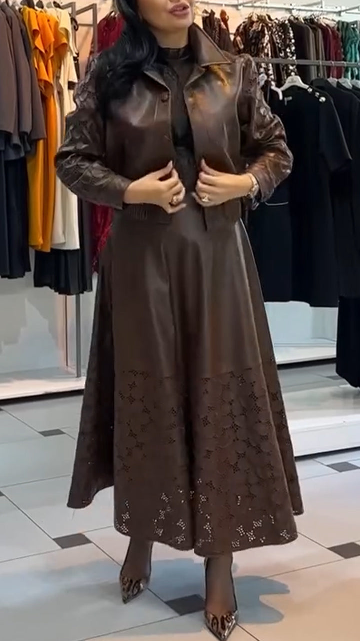 Women Lapel Leather Printed Hollow-Out Solid Color Casual Suit