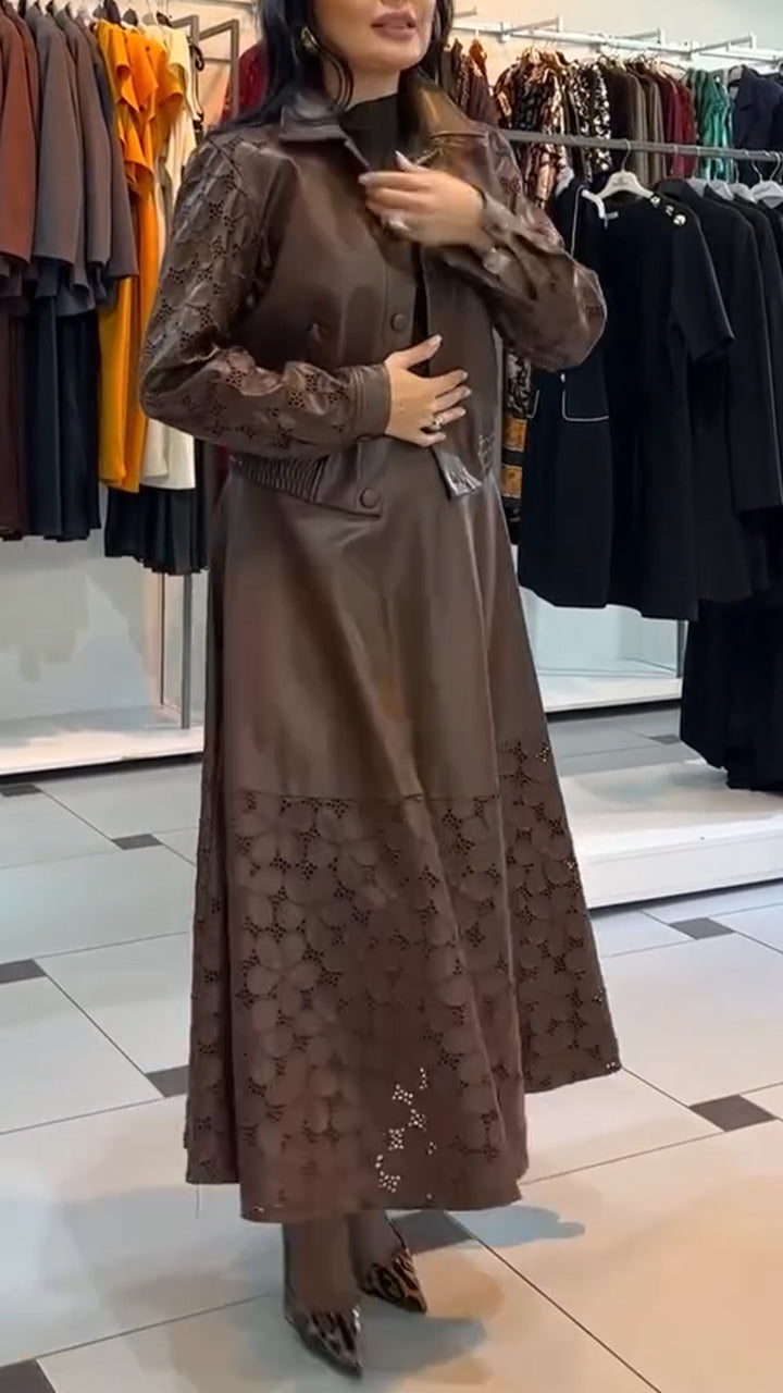 Women Lapel Leather Printed Hollow-Out Solid Color Casual Suit