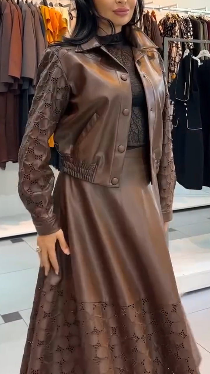 Women Lapel Leather Printed Hollow-Out Solid Color Casual Suit