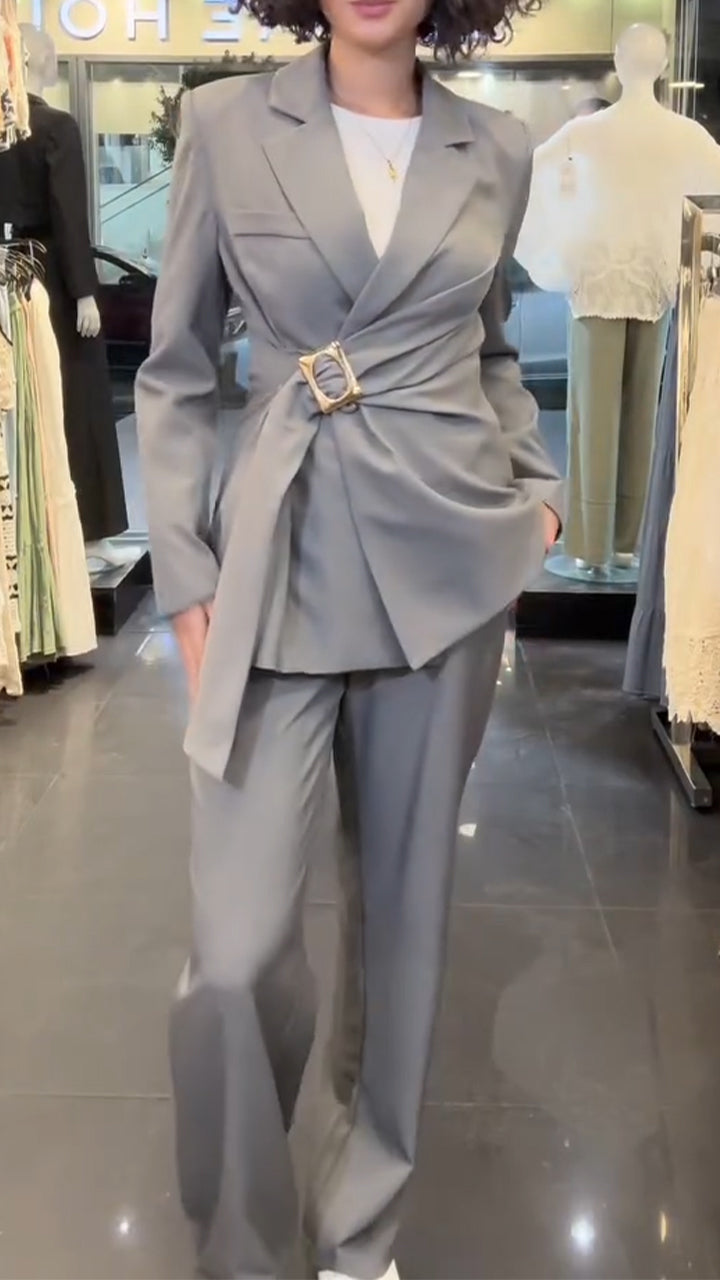 Women Collar Jacket with Metal Buckle Strap Design+ Pants Temperament Commuting Set