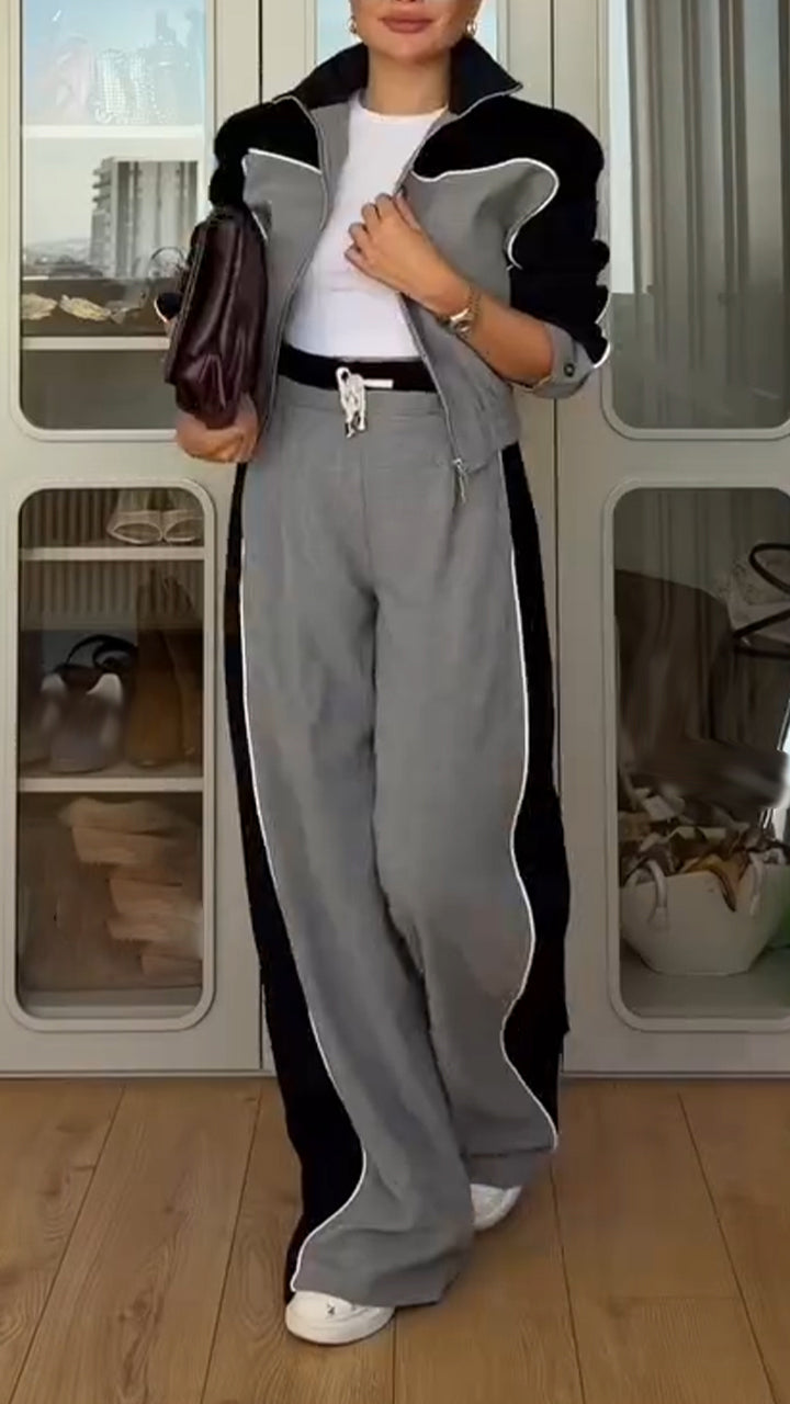 Ladies Collar Contrasting Color Jacket+ Pants Casual Set