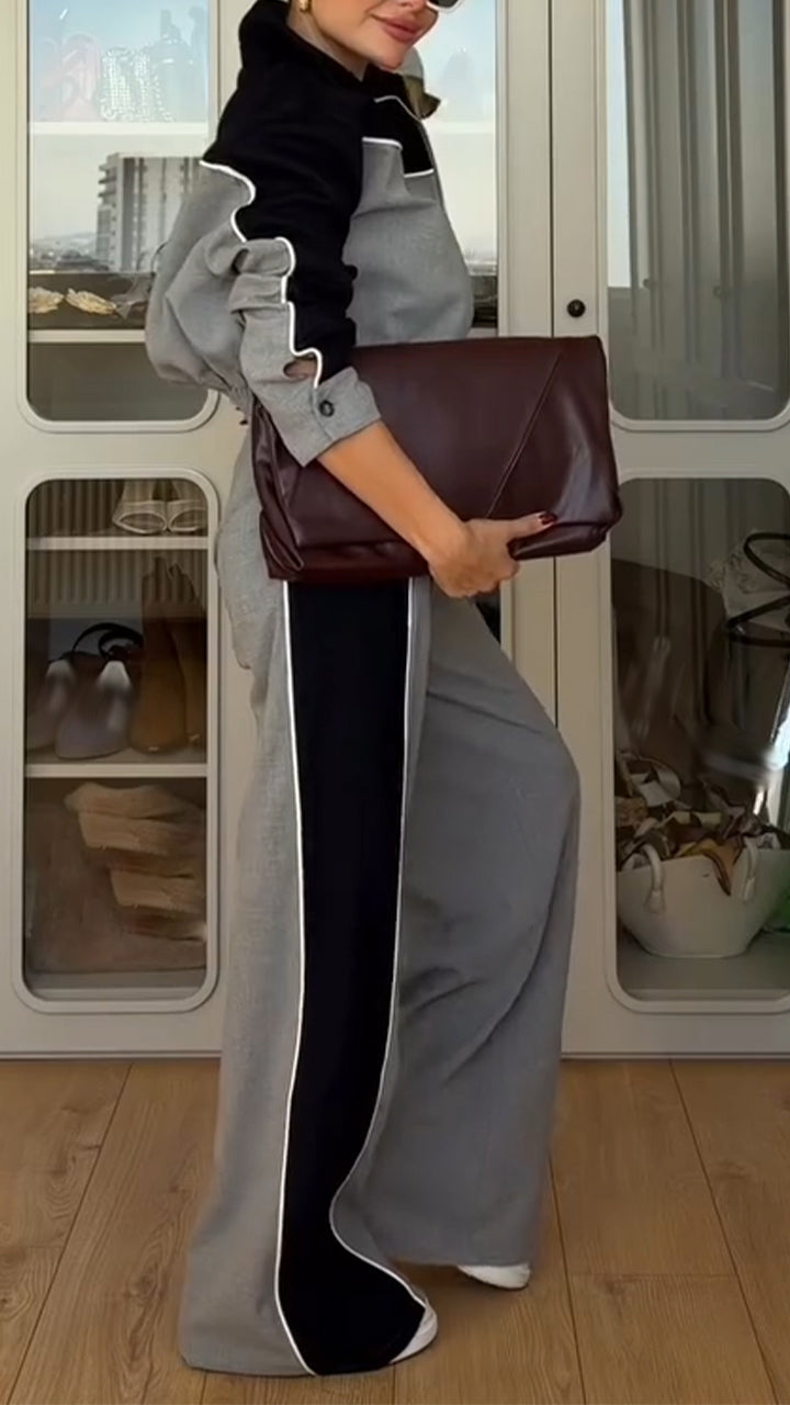 Ladies Collar Contrasting Color Jacket+ Pants Casual Set