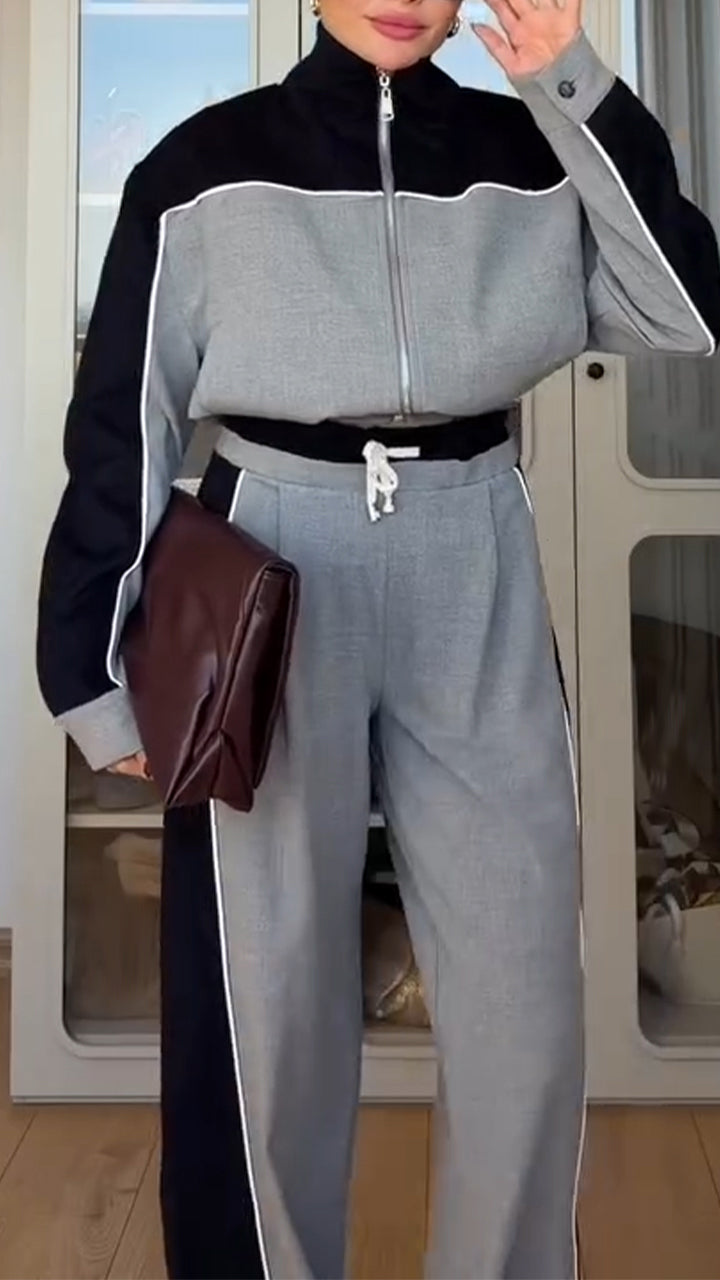 Ladies Collar Contrasting Color Jacket+ Pants Casual Set