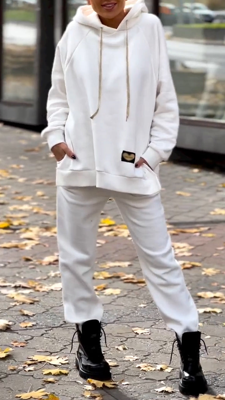 Women Crew Neck Drawstring Sweatshirt + Pants Casual Set