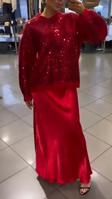 Women Round Neck Sequined Top + Skirt Festive and Eye-catching Casual Set