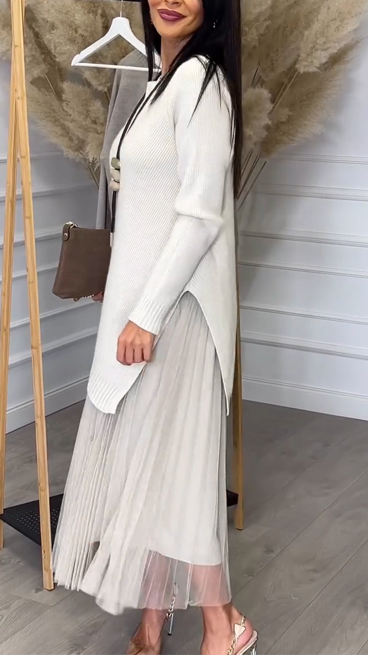 Ladies Inner Mesh Pleated Dress+ Irregular Knitted Sweater Casual Set