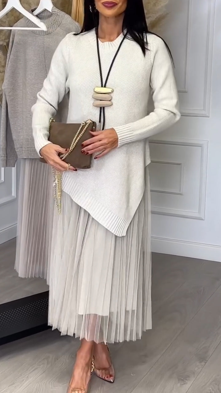Ladies Inner Mesh Pleated Dress+ Irregular Knitted Sweater Casual Set
