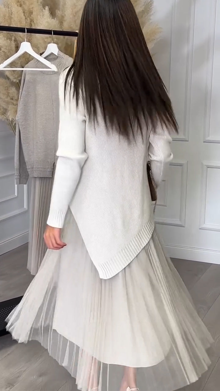 Ladies Inner Mesh Pleated Dress+ Irregular Knitted Sweater Casual Set
