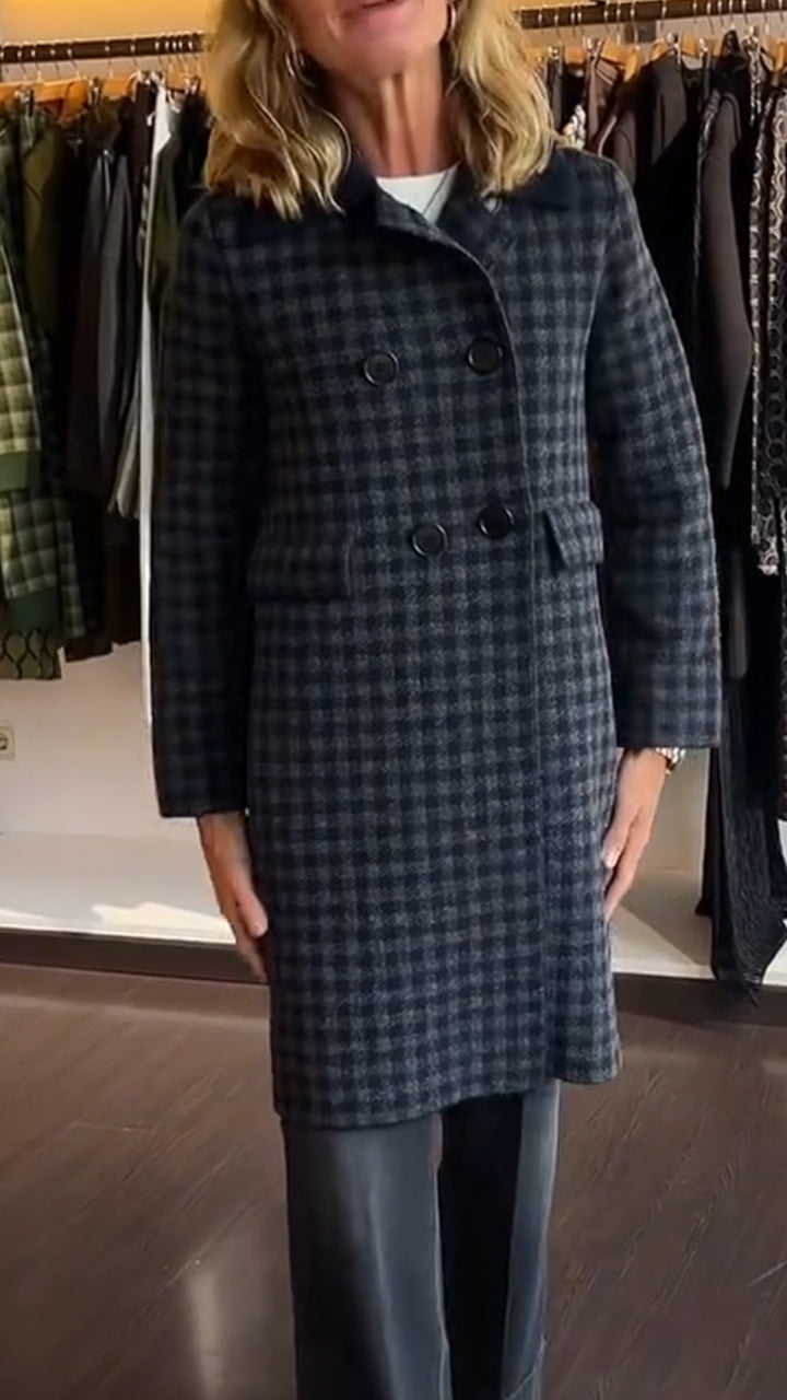 Women Lapel Plaid Double-Breasted Casual Coat