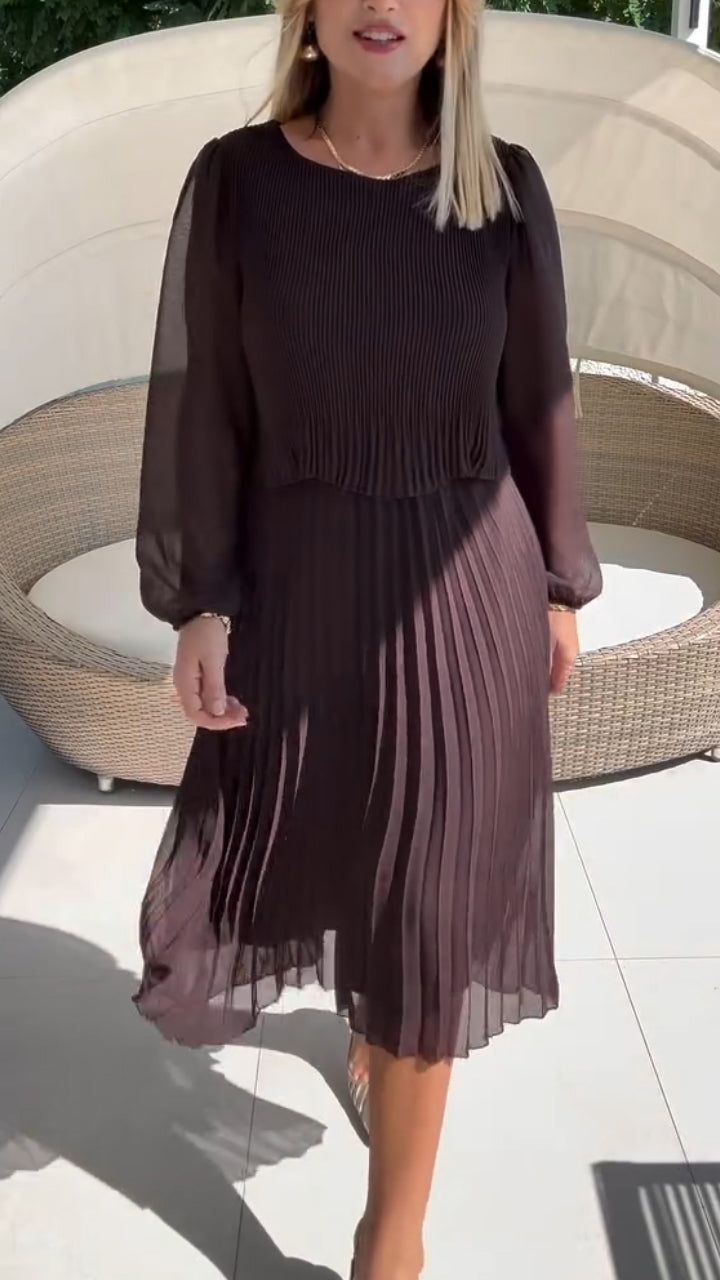 Women Round Neck Patchwork Pleated Solid Color Elegant Casual Dress