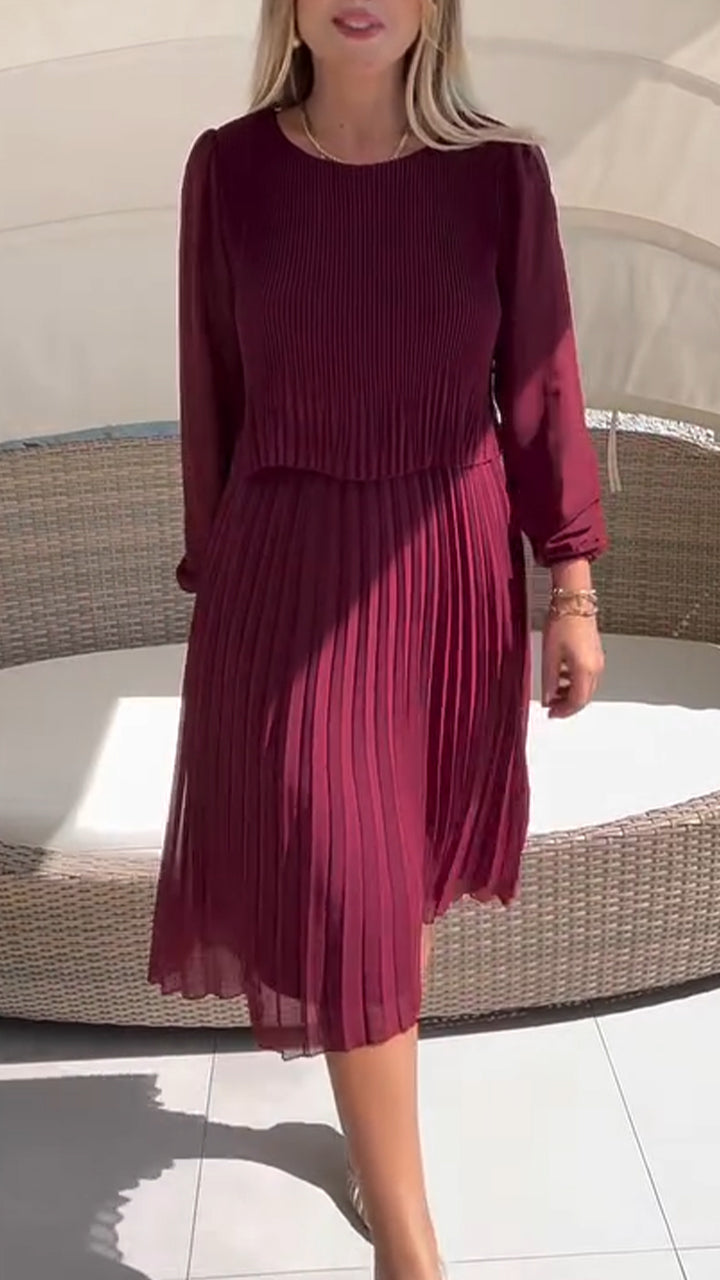 Women Round Neck Patchwork Pleated Solid Color Elegant Casual Dress