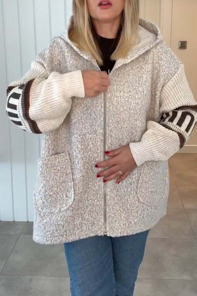 Ladies Hooded Spliced Knitted Sleeves Casual Plush Jacket