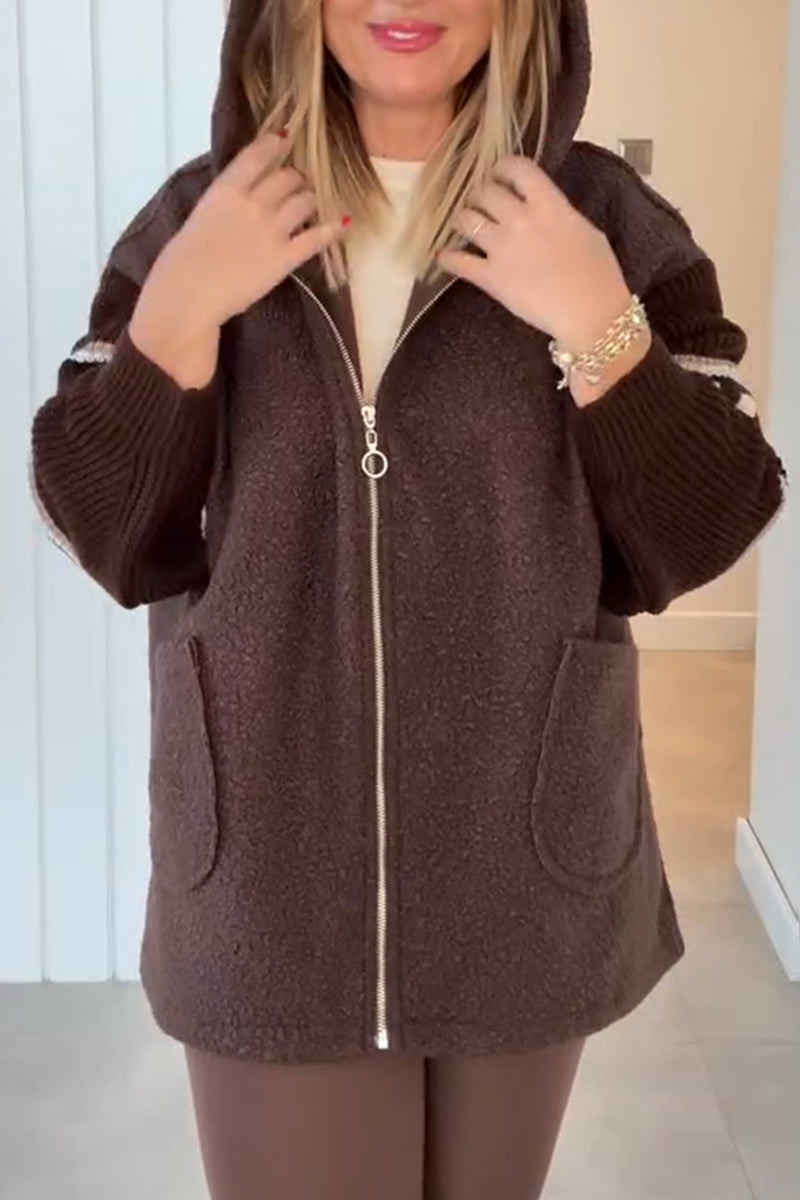 Ladies Hooded Spliced Knitted Sleeves Casual Plush Jacket