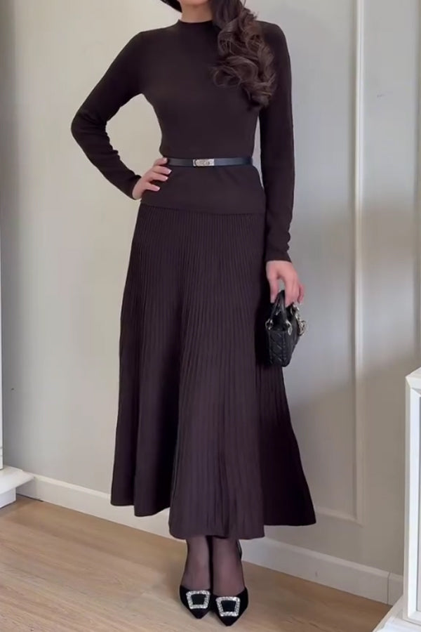Women Elegant Solid Color Pullover Knit Sweater + Pleated Skirt Suit