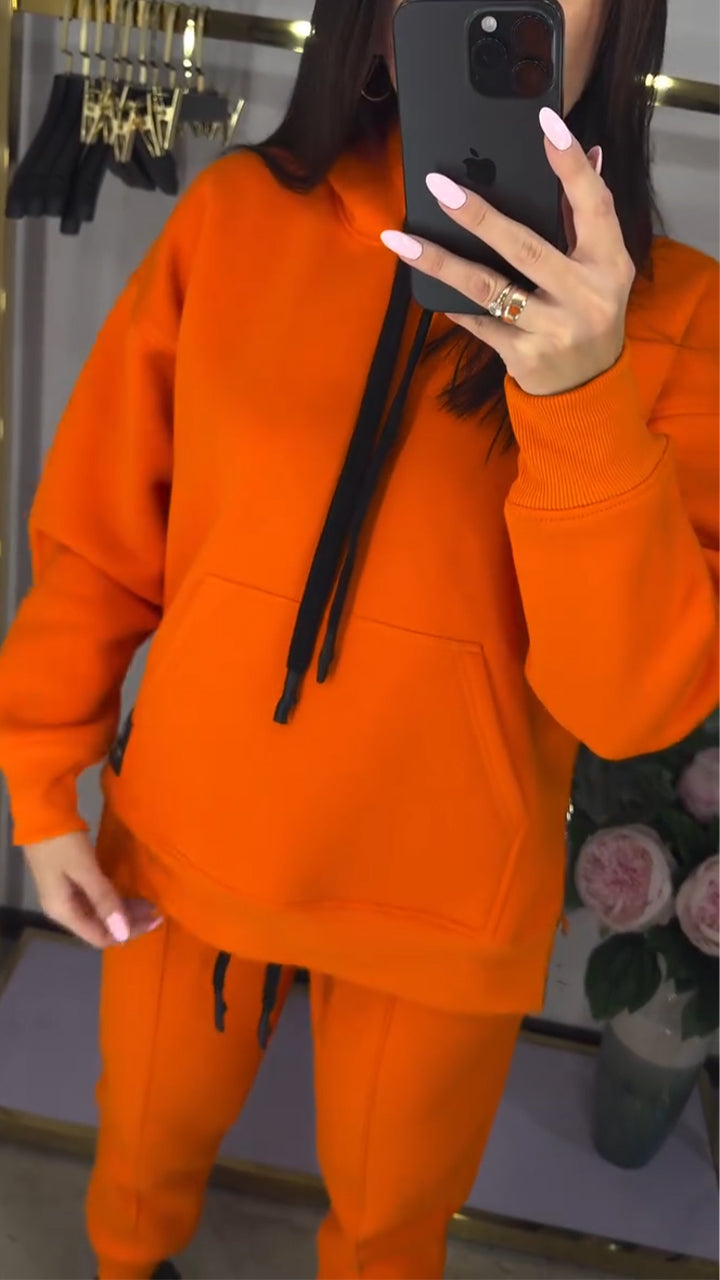 Women Round Neck Hooded Sweatshirt with Drawstring and Side Zipper + Casual Pants Set