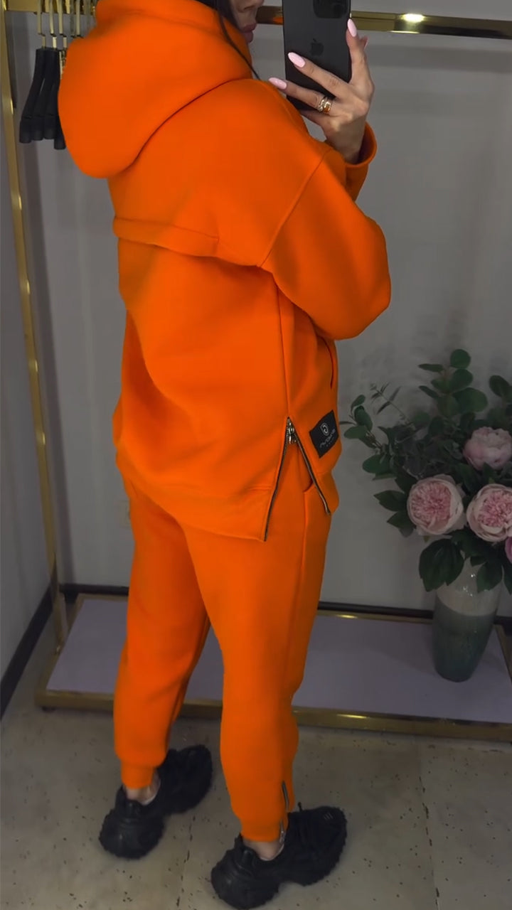 Women Round Neck Hooded Sweatshirt with Drawstring and Side Zipper + Casual Pants Set