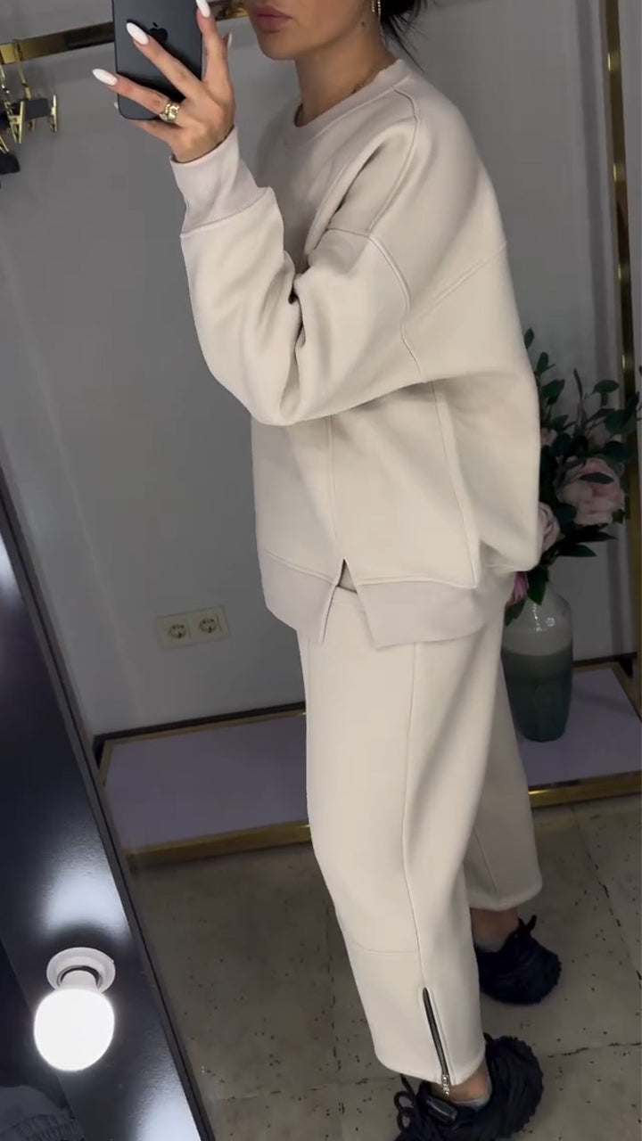 Women Round Neck Side Zipper Sweatshirt + Pants Casual Set
