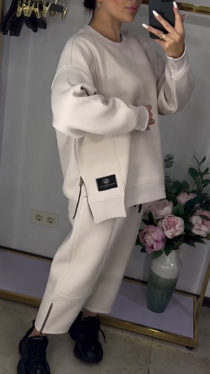 Women Round Neck Side Zipper Sweatshirt + Pants Casual Set
