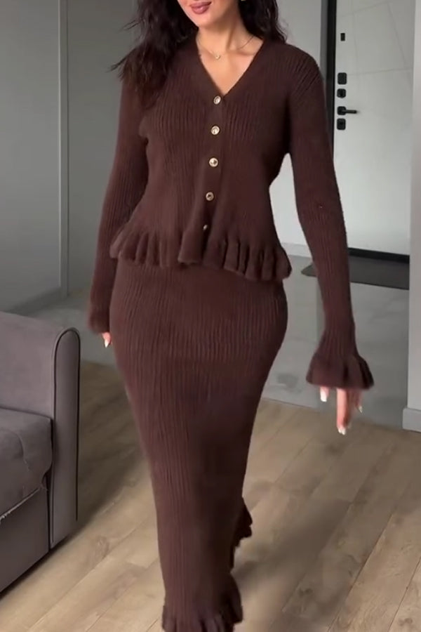 Women Elegant Romantic Ruffled Cardigan + Two-Way Dress/Skirt Suit