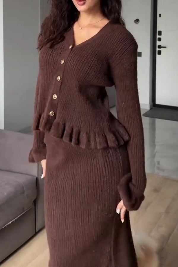 Women Elegant Romantic Ruffled Cardigan + Two-Way Dress/Skirt Suit