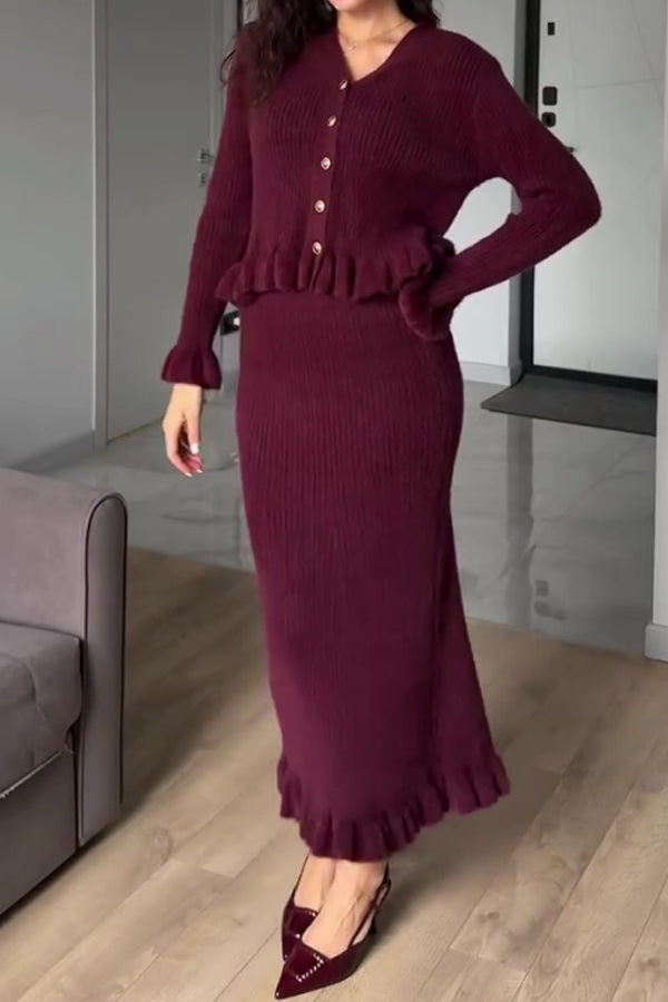 Women Elegant Romantic Ruffled Cardigan + Two-Way Dress/Skirt Suit