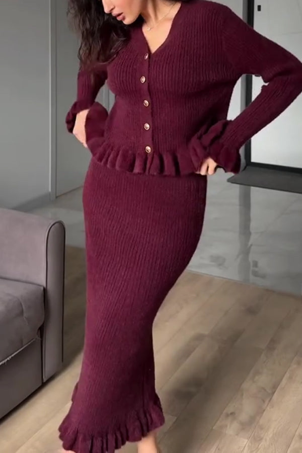 Women Elegant Romantic Ruffled Cardigan + Two-Way Dress/Skirt Suit