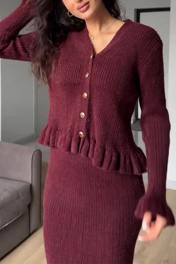 Women Elegant Romantic Ruffled Cardigan + Two-Way Dress/Skirt Suit