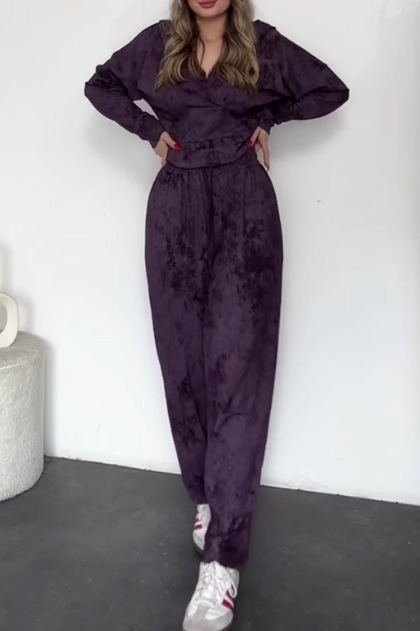 Women Casual Hooded Irregular Snowflake Texture Sweatshirt + Pants Suit