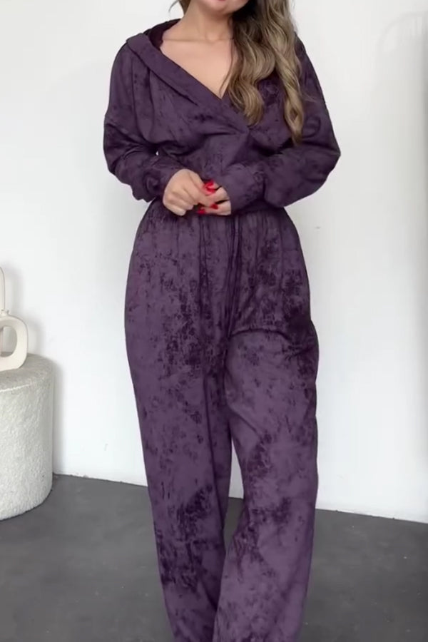 Women Casual Hooded Irregular Snowflake Texture Sweatshirt + Pants Suit