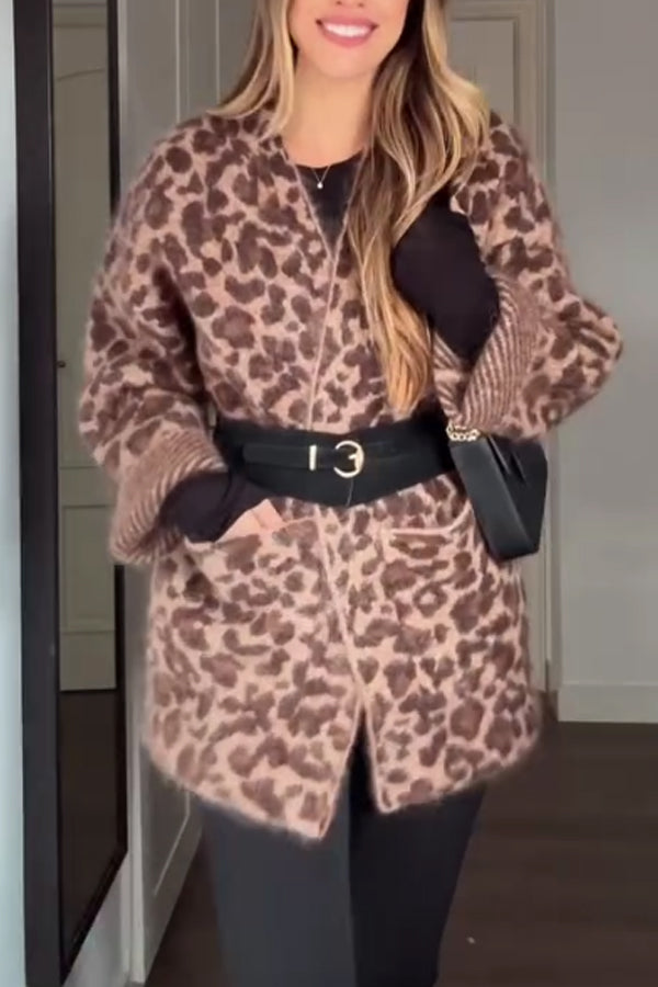 Women Casual Plush Leopard Print Cardigan