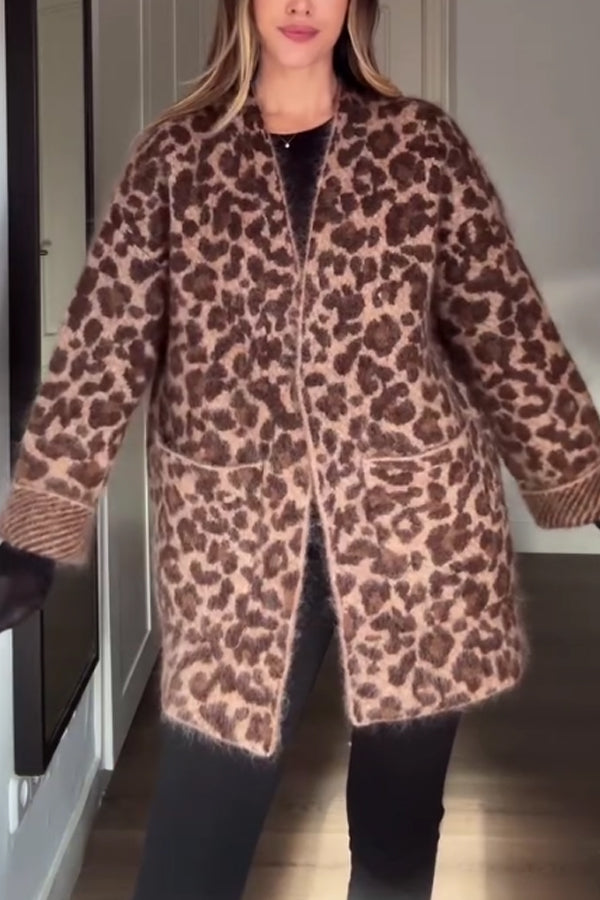 Women Casual Plush Leopard Print Cardigan