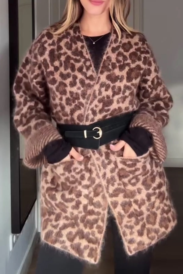 Women Casual Plush Leopard Print Cardigan
