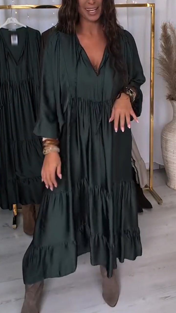 Women V-neck Patchwork Solid Color Casual Dress