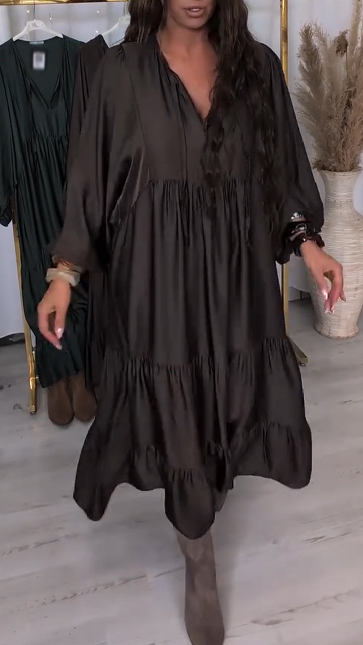 Women V-neck Patchwork Solid Color Casual Dress