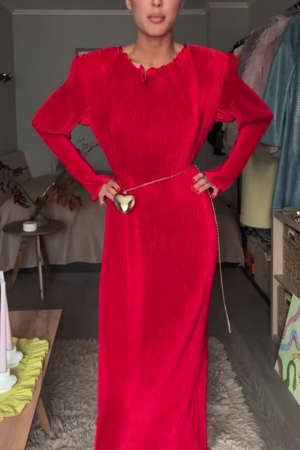 Women Elegant Ruffled Padded Shoulder Dress