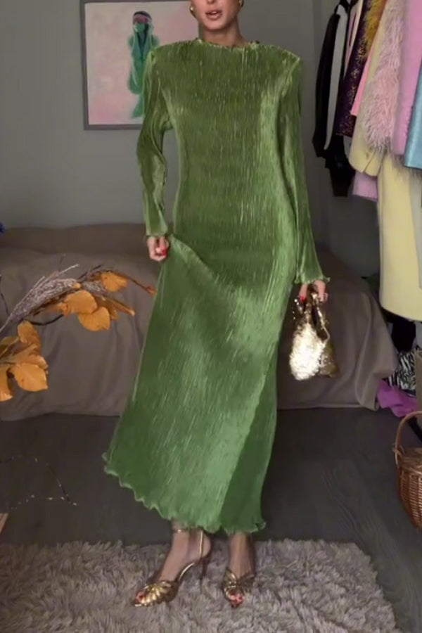 Women Elegant Ruffled Padded Shoulder Dress