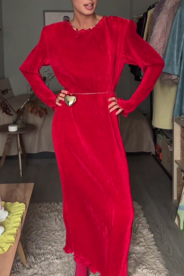 Women Elegant Ruffled Padded Shoulder Dress