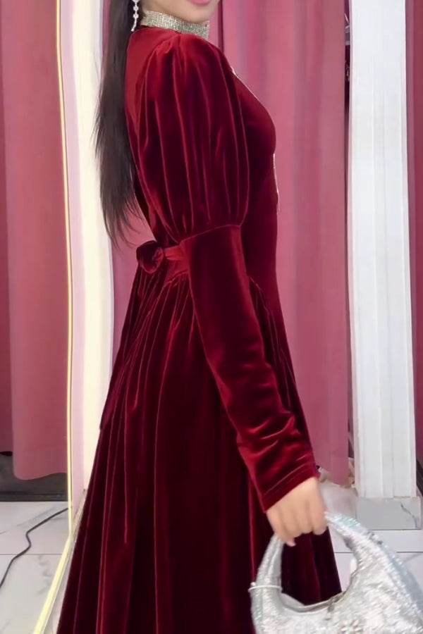 Women Christmas Elegant Round Neck Pleated A-line Velvet Dress