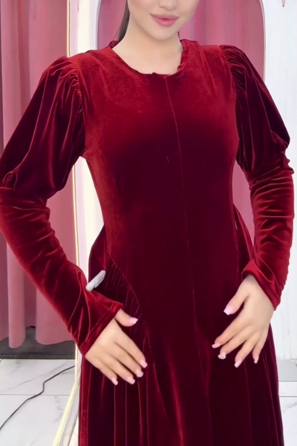 Women Christmas Elegant Round Neck Pleated A-line Velvet Dress