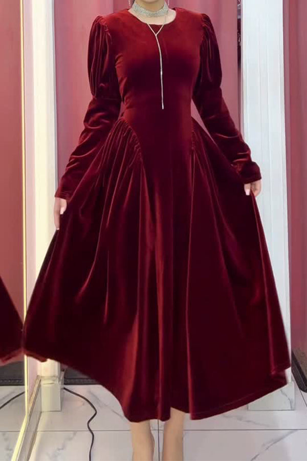 Women Christmas Elegant Round Neck Pleated A-line Velvet Dress