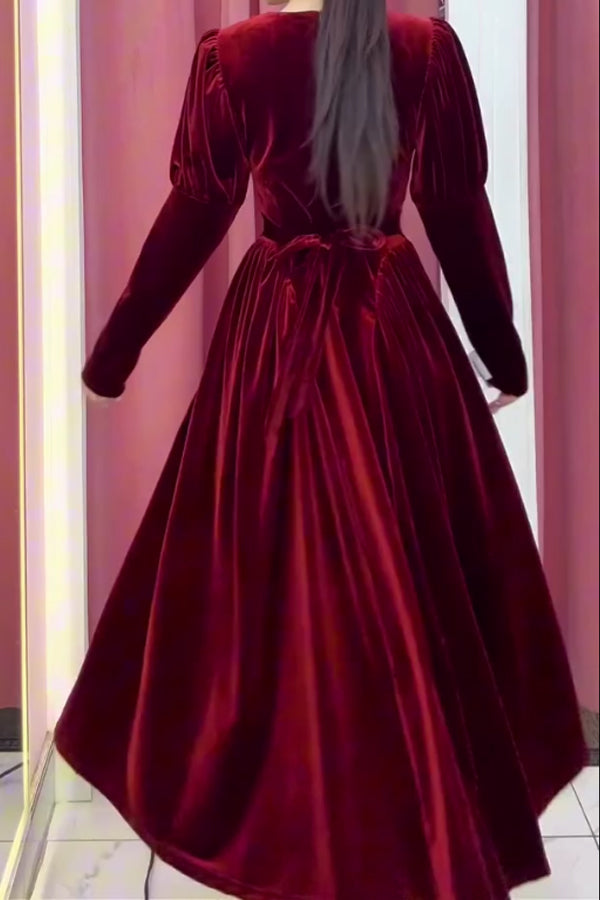 Women Christmas Elegant Round Neck Pleated A-line Velvet Dress