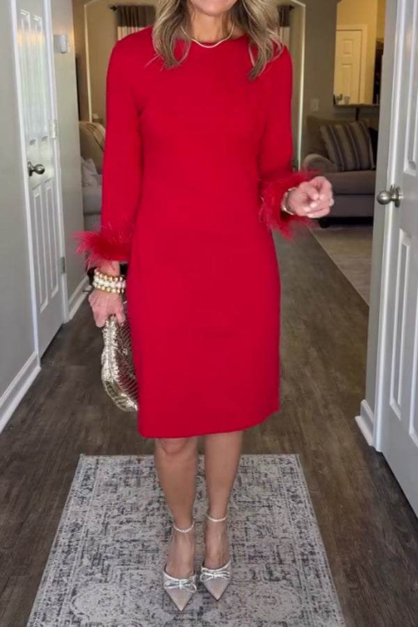 Women Elegant Christmas Party Round Neck Plush Cuff Dress