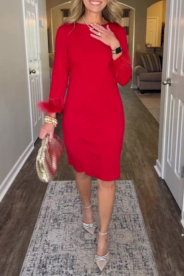 Women Elegant Christmas Party Round Neck Plush Cuff Dress