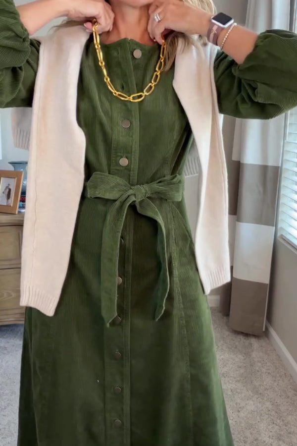 Women Elegant Christmas Button-Up Corduroy A-line Dress