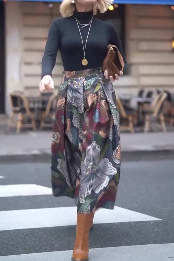 Women Simple High-Neck Slim Fit T-Shirt + Retro Floral Pattern A-Line Skirt Suit